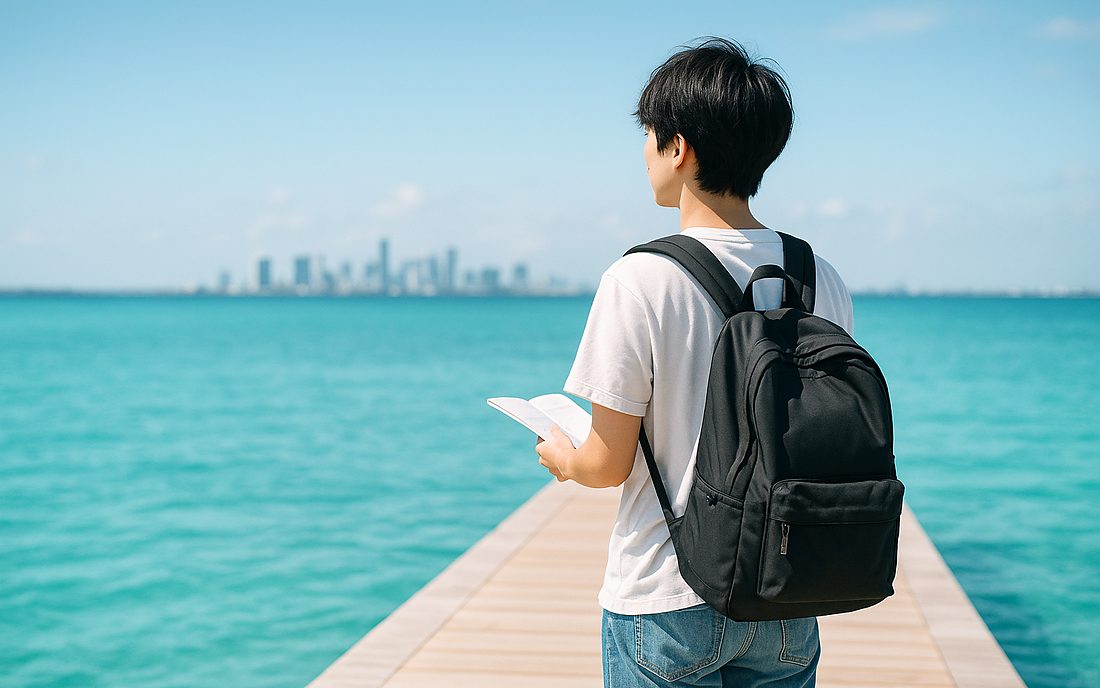 桟橋から遠くの街並みを眺める留学生