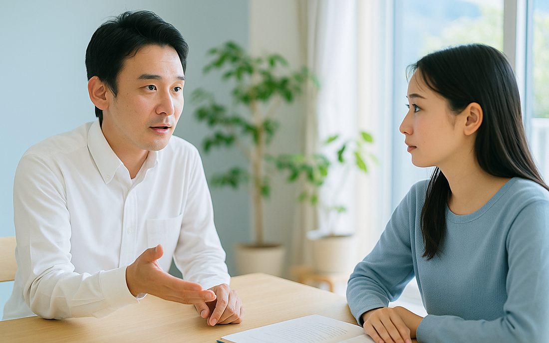 向かい合って話すカウンセラーと相談者