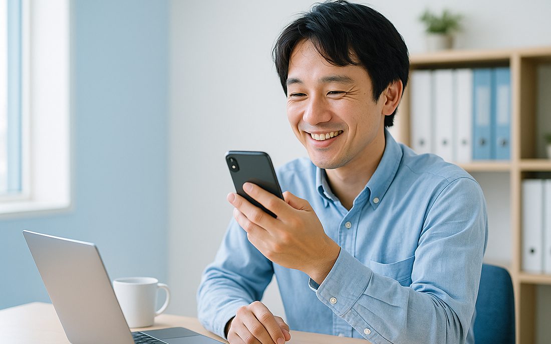 スマートフォンで返信するスタッフ