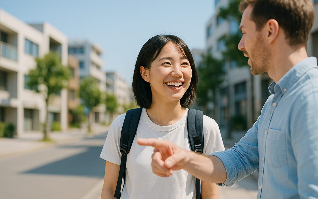 現地で道を教えてもらう留学生