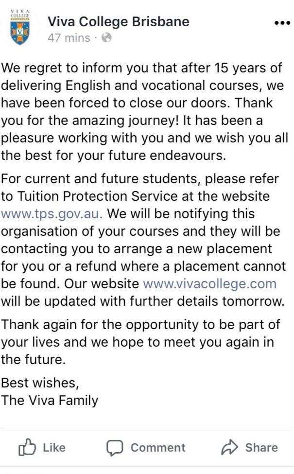 Facebookに投稿されたVIVA College倒産のお知らせ