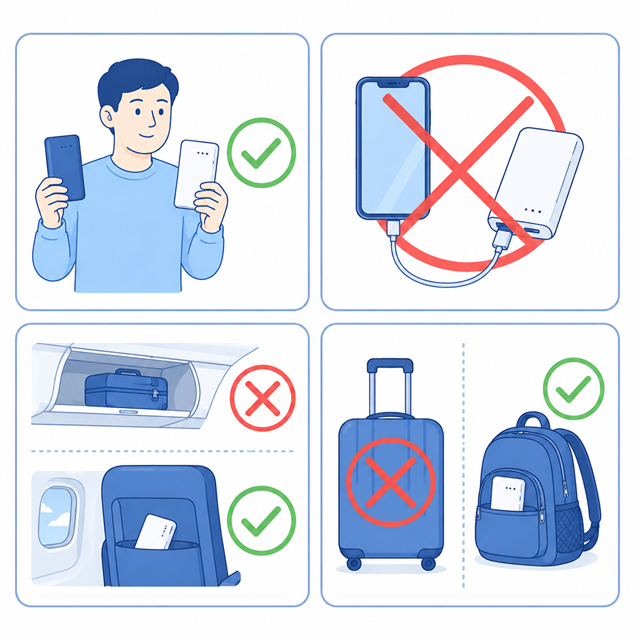 飛行機利用時のモバイルバッテリールールイラスト