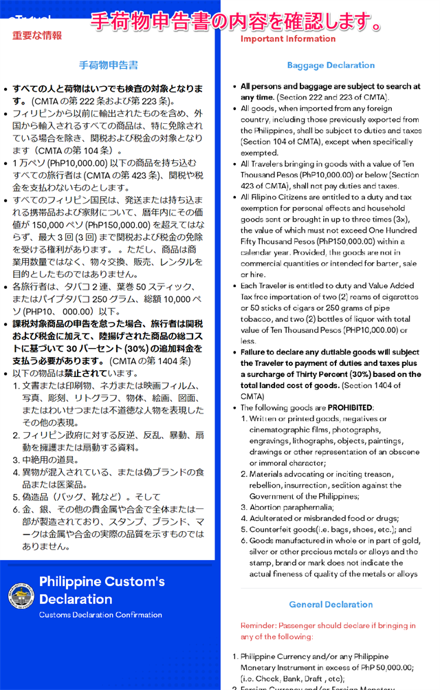 手荷物申告書の説明画面