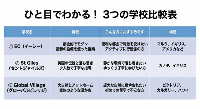 「ひと目でわかる！3つの学校比較表」の画像。1.EC：都会的でモダン・最新設備の授業、活動派向け、場所はマルタ・イギリス・アメリカなど。2.St Giles：英国の伝統と落ち着き・少人数指導、ゆっくり学びたい方向け、場所はカナダ・イギリス。3.Global Village：大自然とアットホーム・家族のような温かさ、初めてで不安な方向け、場所はビクトリア・カルガリー・ハワイ。