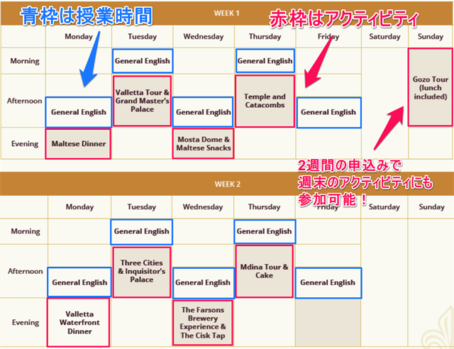 ・ECエスケープ（マルタ）のスケジュール ・午前か午後に授業 ・週3，4回のアクティビティ ・2週申込みの場合には週末のアクティビティにも参加可能