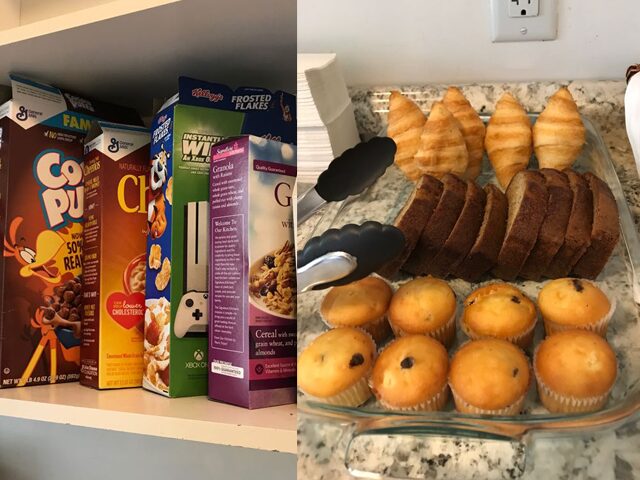 朝食例(左側にシリアル、右側にパンやマフィンなど)