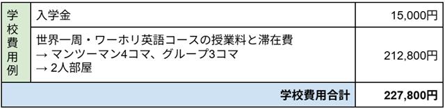 3D Academyの費用例 ###学校費用例 ##入学金　15,000円 ##世界一周・ワーホリ英語コースの授業料と滞在費　212,800円 → マンツーマン4コマ、グループ3コマ → 2人部屋 ##学校費用合計　227,800円