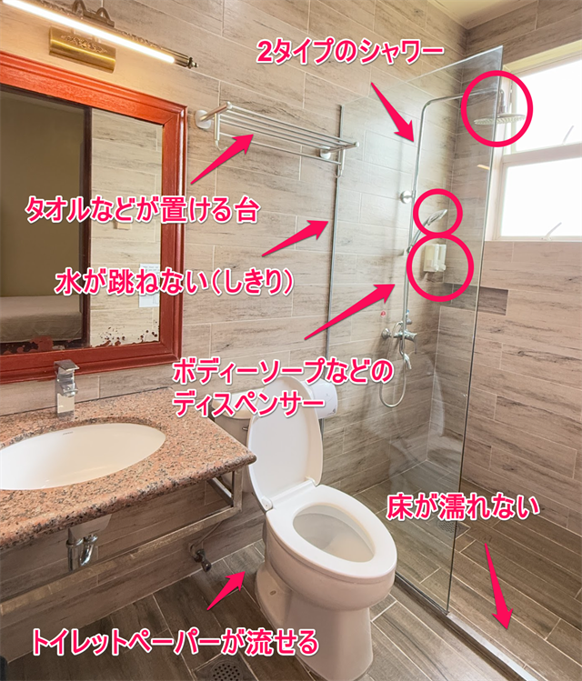 CWAの水回りは、シャワーが2タイプ、タオルなどが置ける台、水はねしない仕切り（シャワーカーテン）、ボディーソープなどのディスペンサー、床が濡れないようにする仕切り（下側）、流せる水洗トイレ