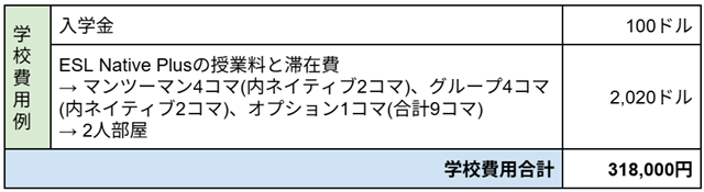 EG Academyの学校費用例 ###学校費用例 ##入学金100ドル ##ESL Native Plusの授業料と滞在費　2,020ドル → マンツーマン4コマ(内ネイティブ2コマ)、グループ4コマ(内ネイティブ2コマ)、オプション1コマ(合計9コマ) → 2人部屋 ##学校費用合計　318,000円